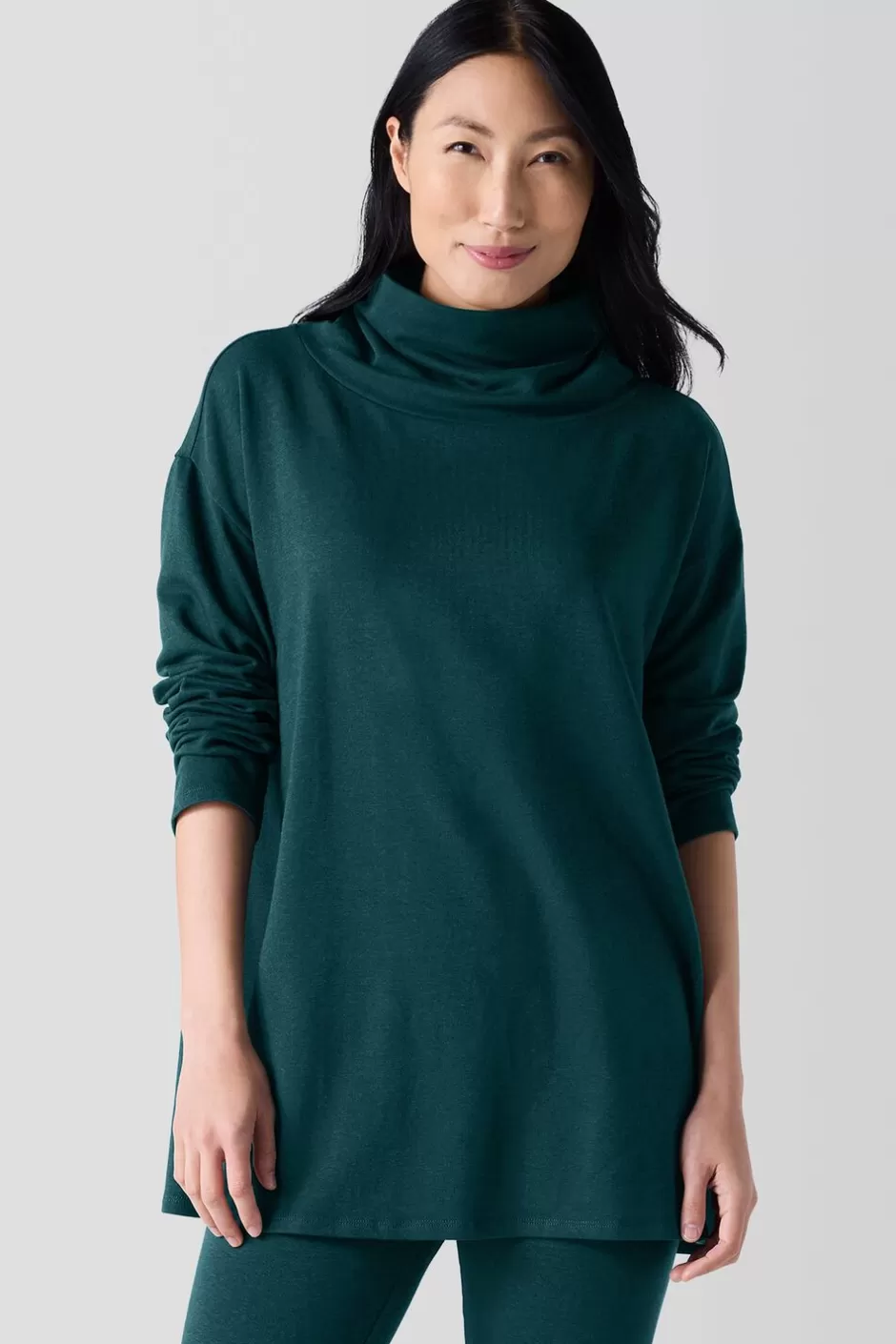 Cozy Brushed Terry Hug Funnel Neck Long Top-EILEEN FISHER Hot