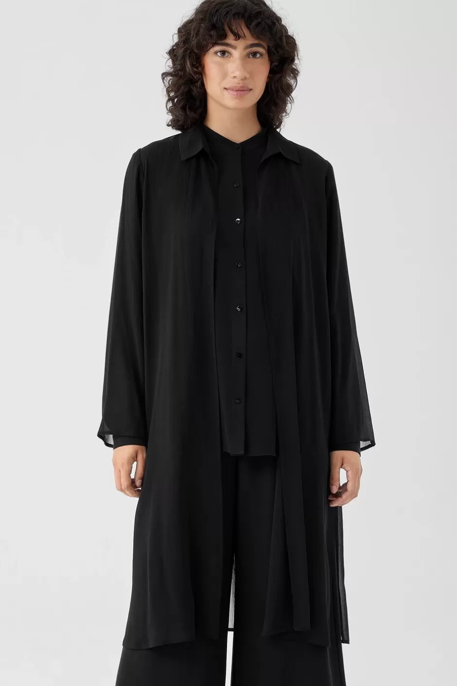 Crinkled Sheer Silk Classic Collar Jacket-EILEEN FISHER Cheap