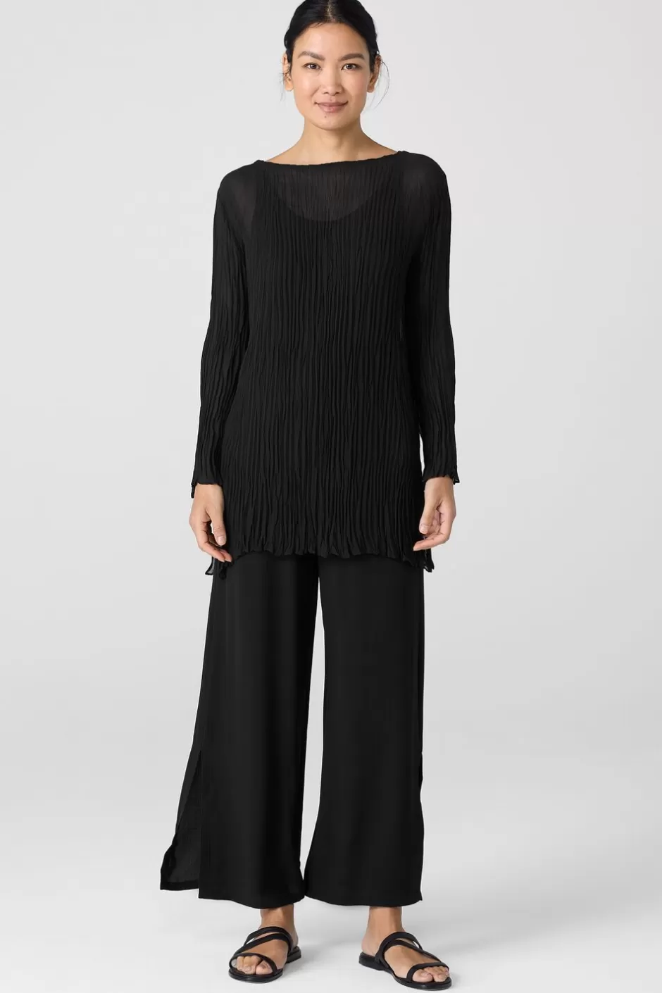 Crinkled Sheer Silk Georgette Bateau Neck Long Top-EILEEN FISHER Online