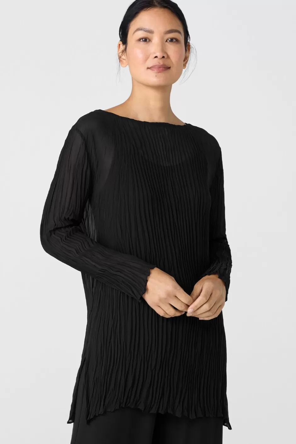 Crinkled Sheer Silk Georgette Bateau Neck Long Top-EILEEN FISHER Online