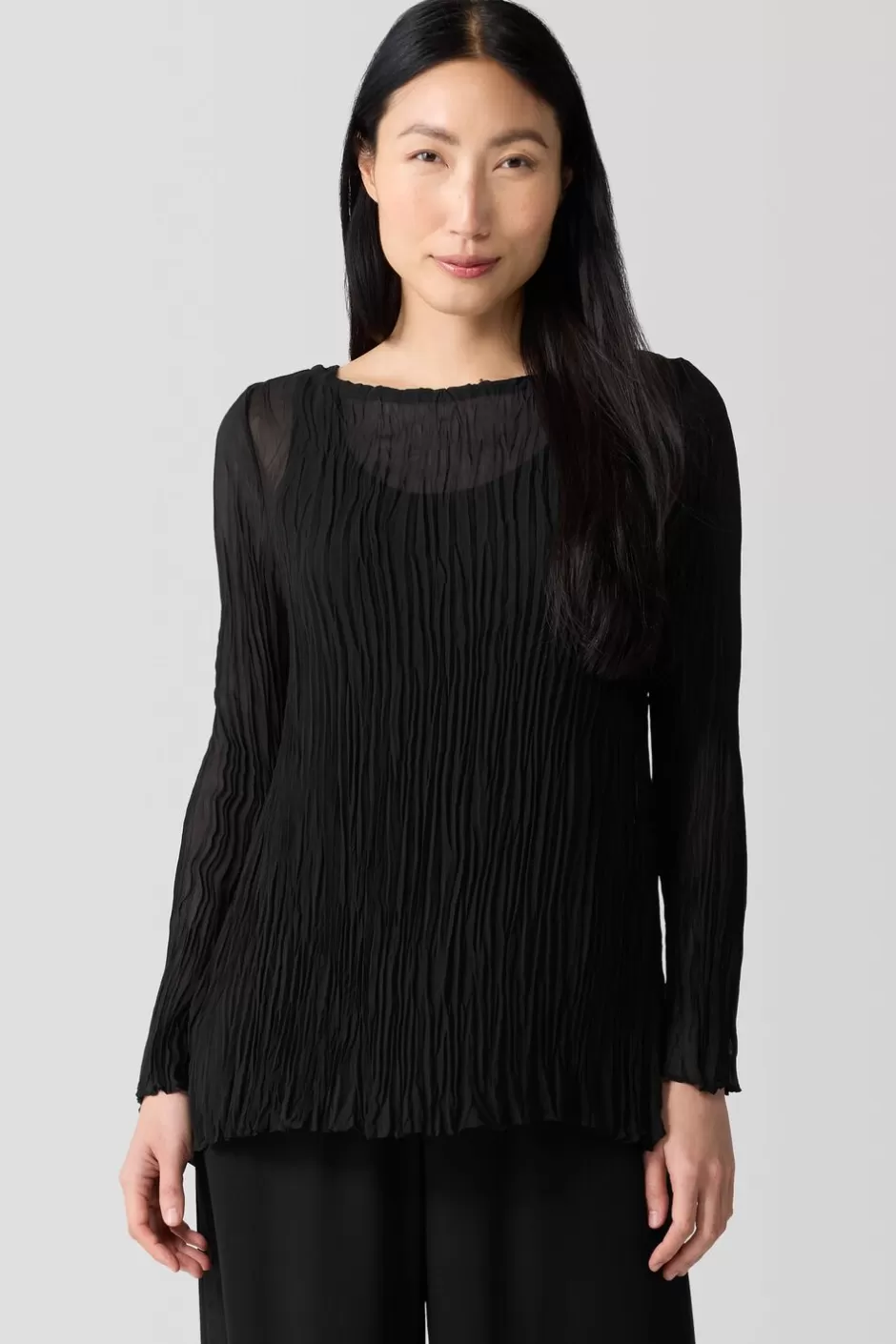 Crinkled Sheer Silk GeorgetteBateau Neck Long Top-EILEEN FISHER Hot