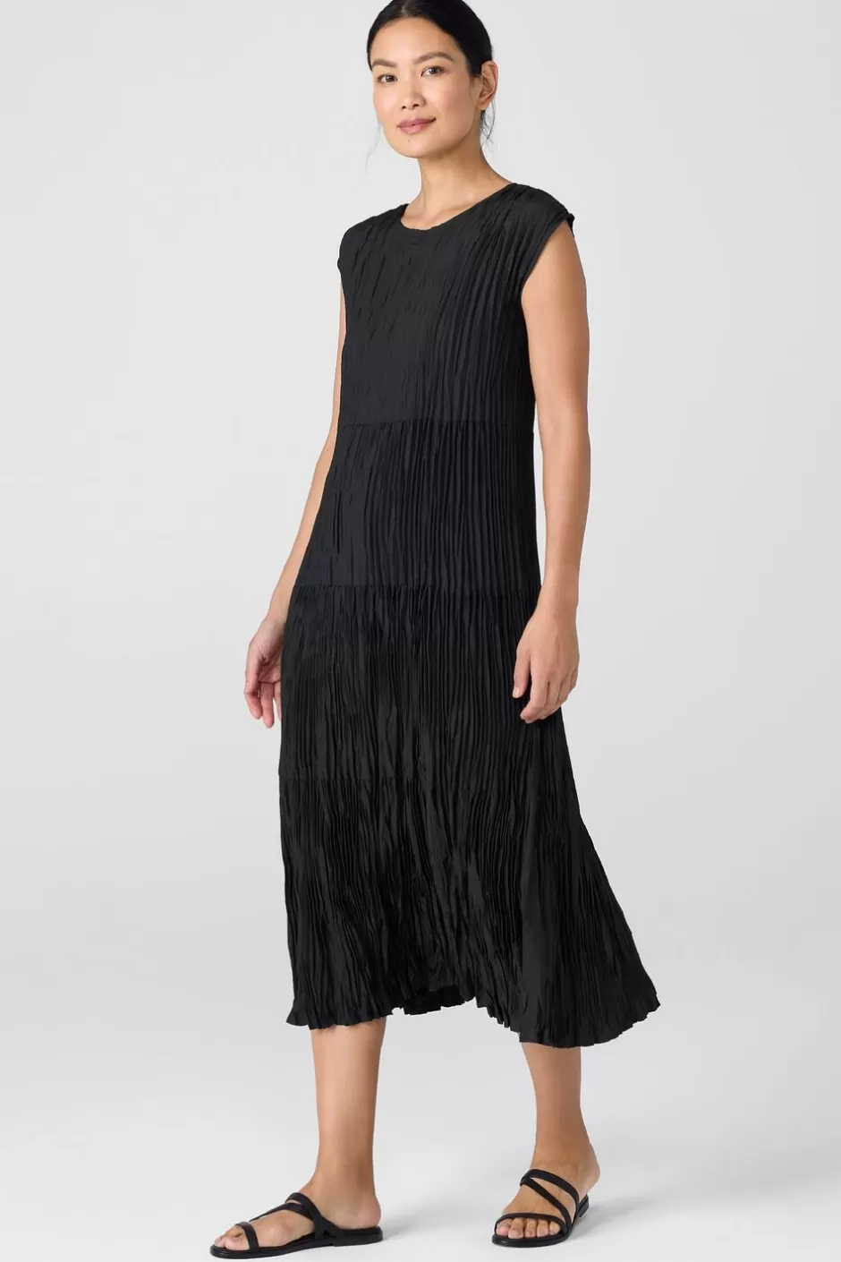 Crushed Silk Jewel NeckTiered Dress-EILEEN FISHER Fashion