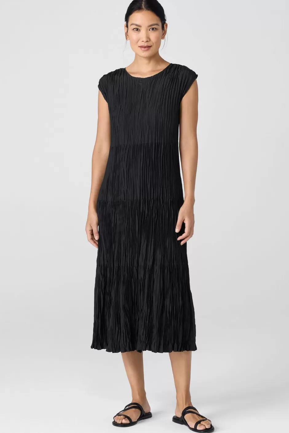 Crushed Silk Jewel NeckTiered Dress-EILEEN FISHER Fashion