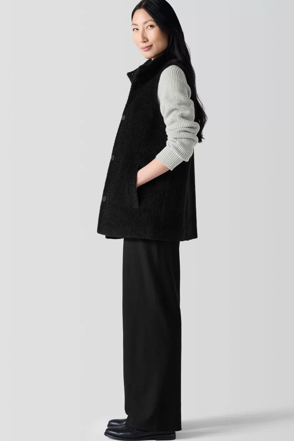 Fine Wool Alpaca Stand Collar Vest-EILEEN FISHER Outlet