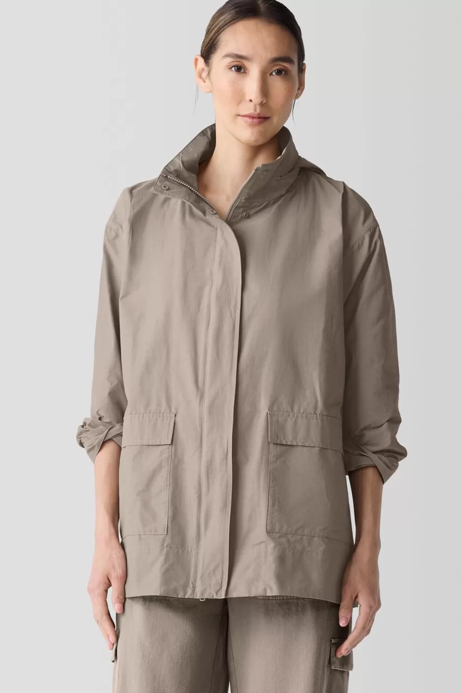 Light Cotton Nylon Stand Collar Jacket-EILEEN FISHER Fashion