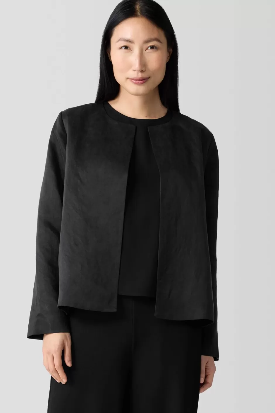 Linen Silk Satin Round Neck Jacket-EILEEN FISHER Cheap