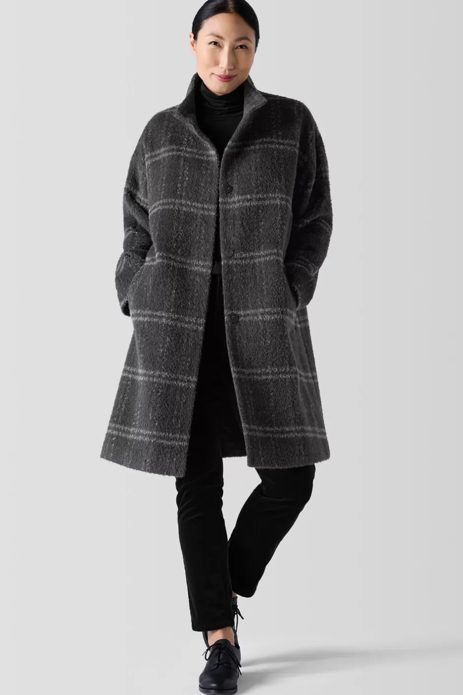 Luxe Alpaca Windowpane Stand Collar Coat-EILEEN FISHER Store