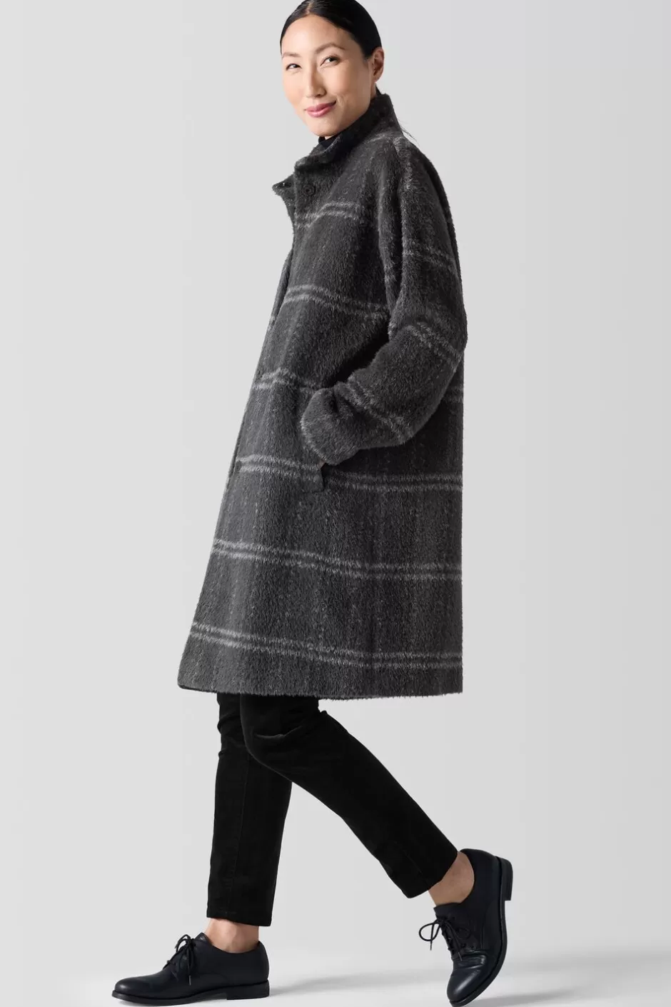 Luxe Alpaca Windowpane Stand Collar Coat-EILEEN FISHER Store