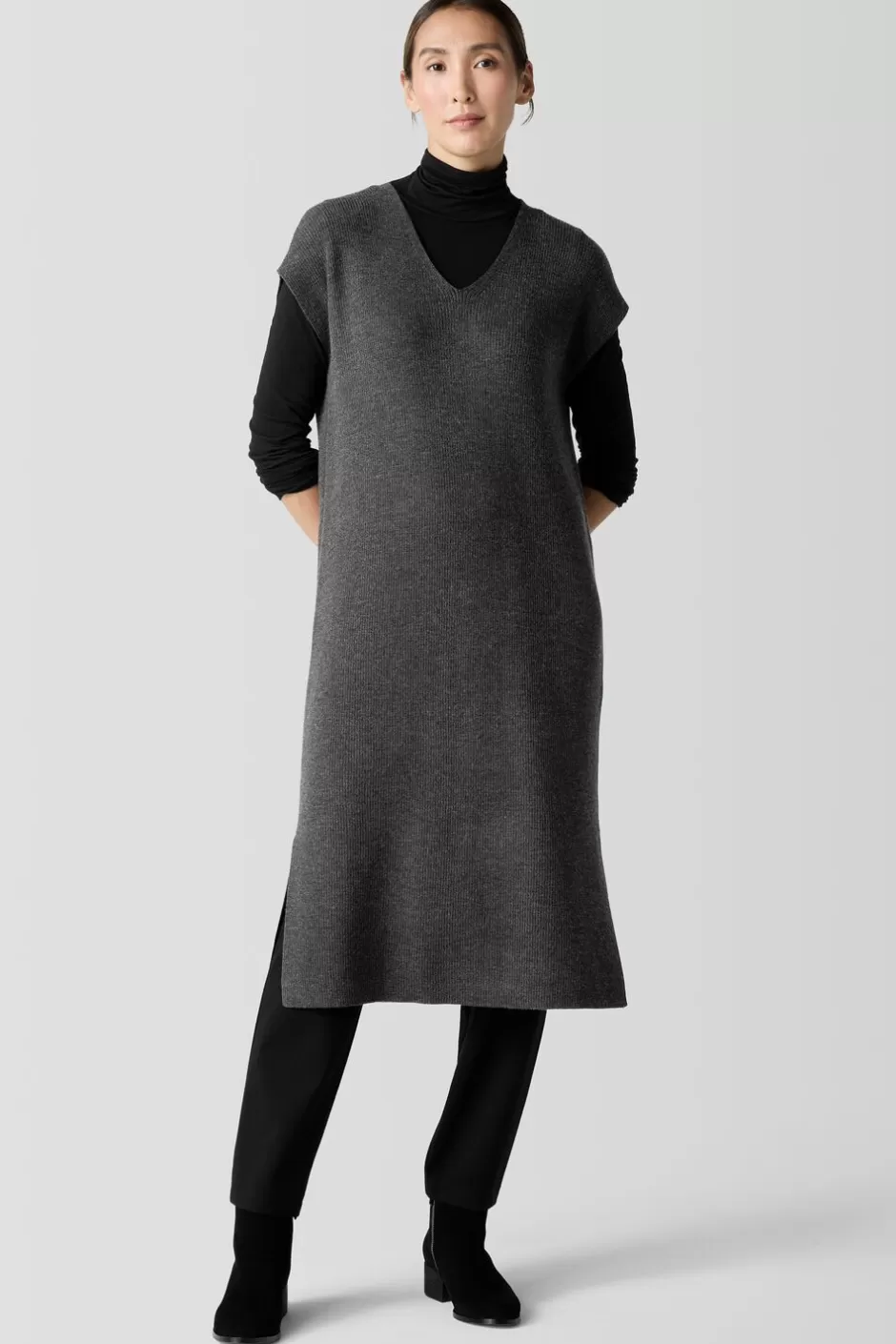 Merino Rib V-Neck Dress-EILEEN FISHER Clearance