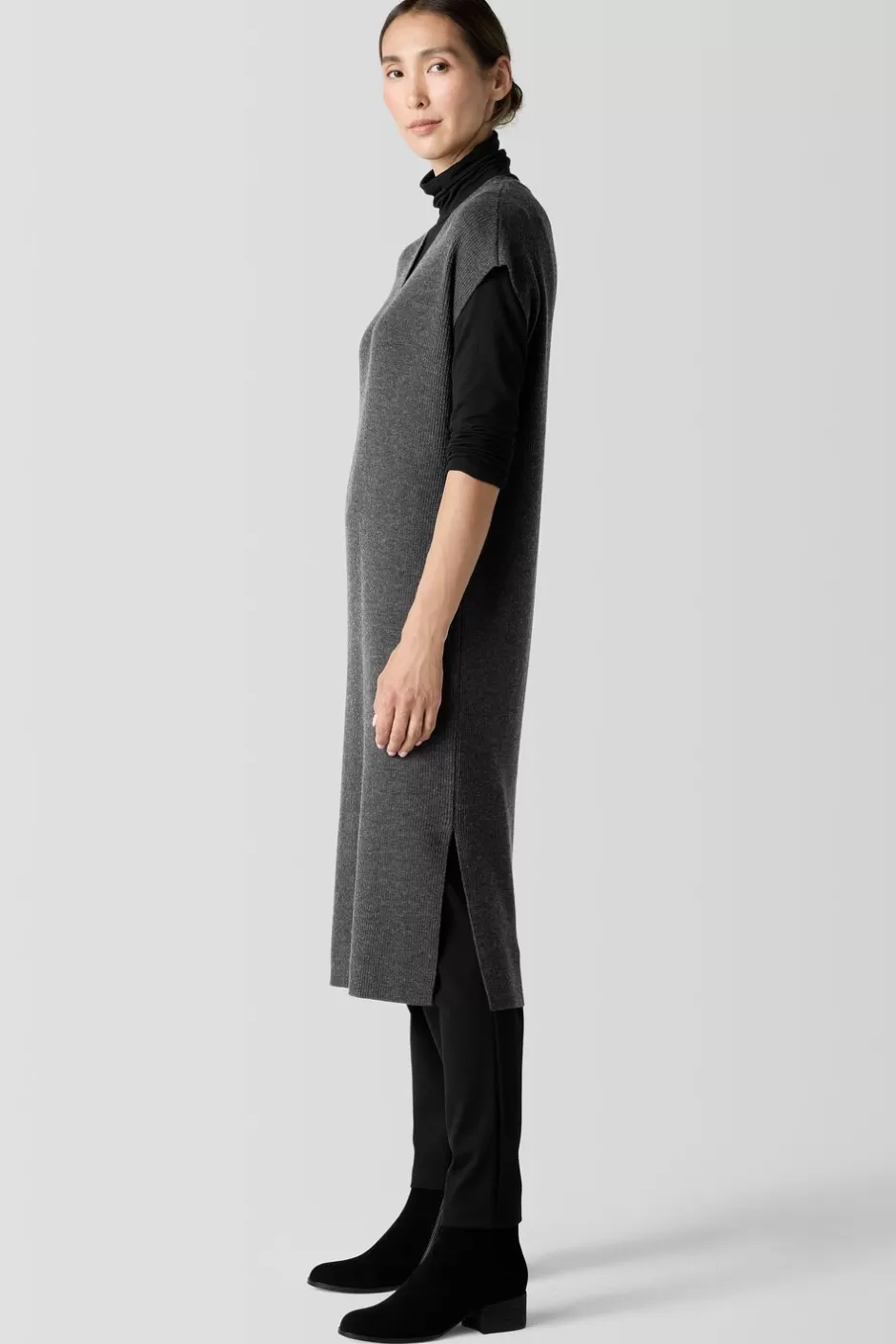 Merino Rib V-Neck Dress-EILEEN FISHER Clearance