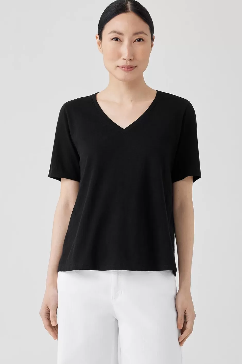 Organic Cotton Slubby Jersey V-Neck Tee-EILEEN FISHER Fashion