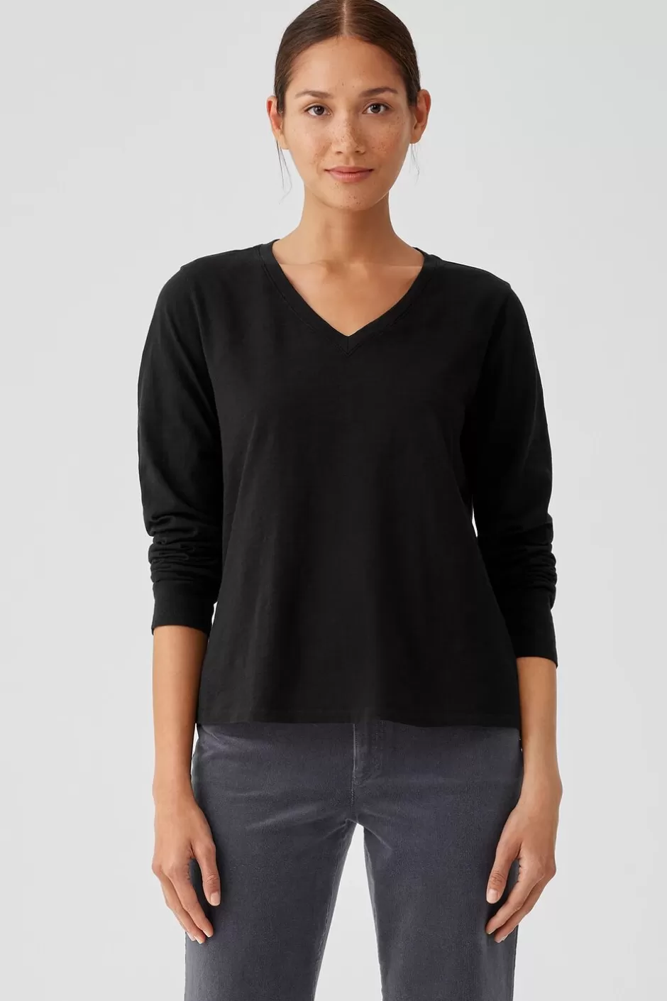 Organic Cotton Slubby Jersey V-Neck Top-EILEEN FISHER Cheap