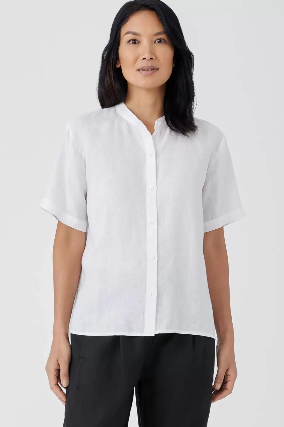 Organic Handkerchief Linen Band Collar Short-Sleeve Shirt-EILEEN FISHER Flash Sale