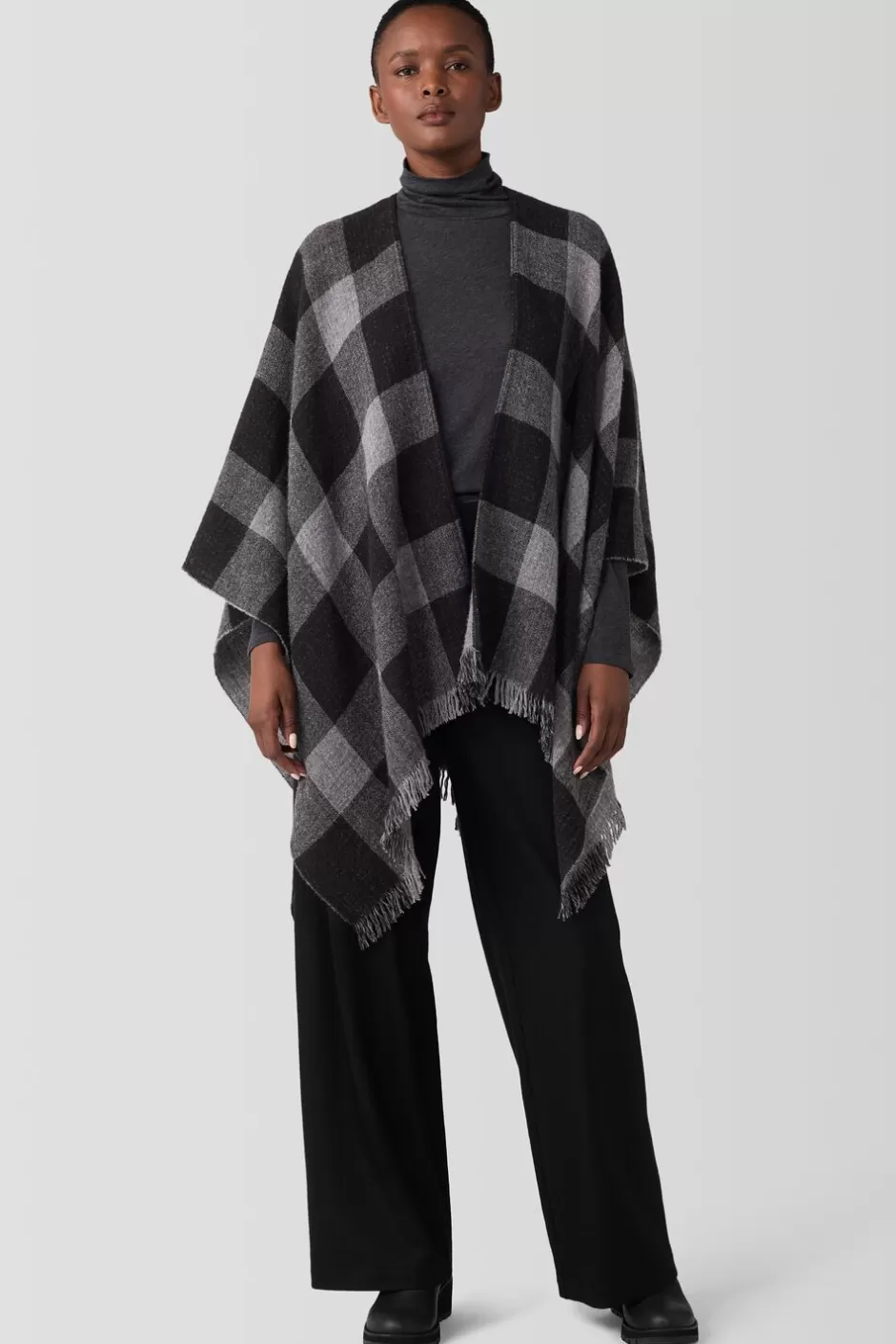 Reversible Wool Check Poncho-EILEEN FISHER Store