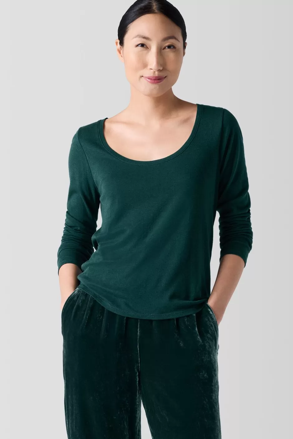 Ribbed Pima Cotton Blend Scoop Neck Top-EILEEN FISHER Cheap