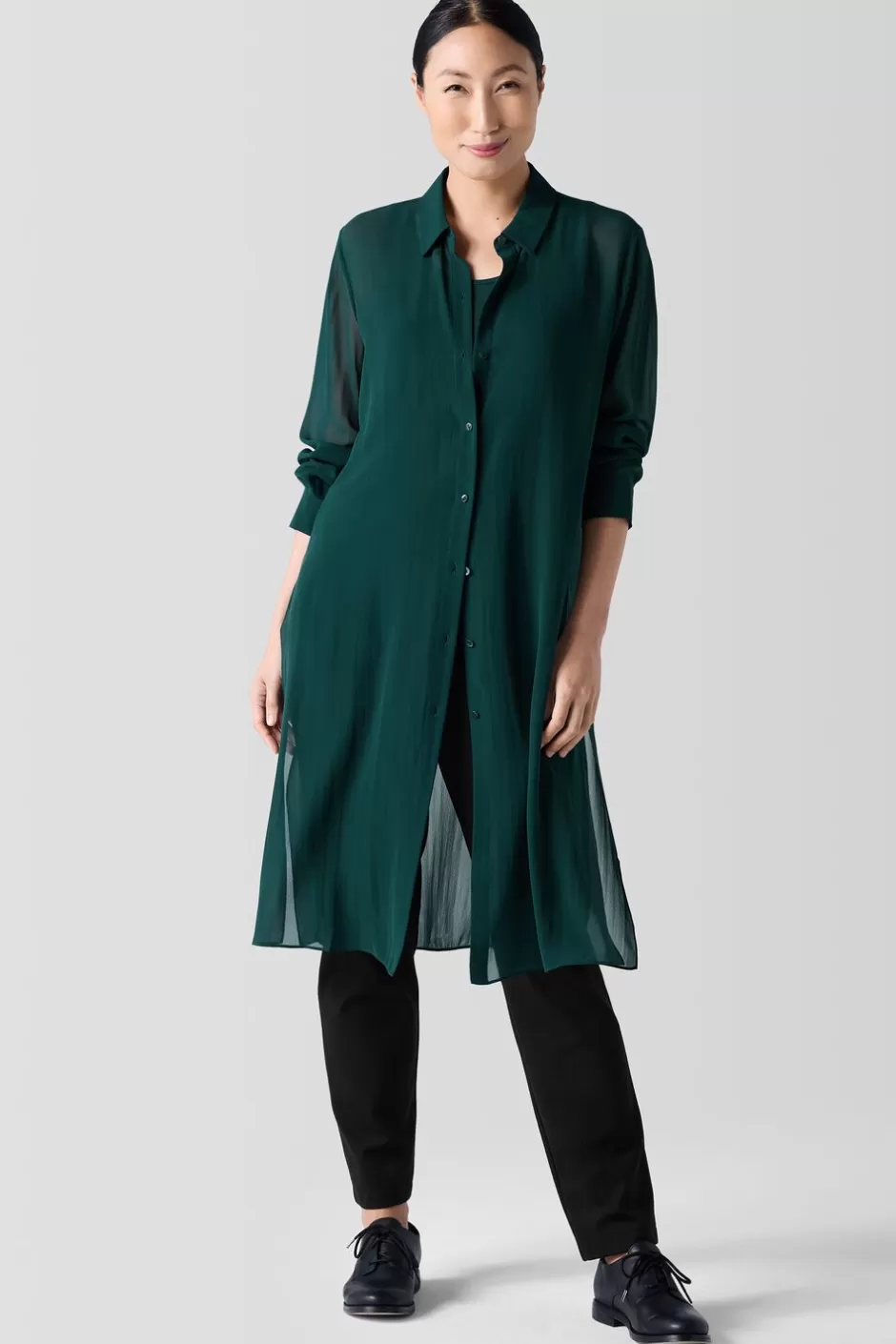 Sheer Silk Georgette Classic Collar Long Shirt-EILEEN FISHER Sale