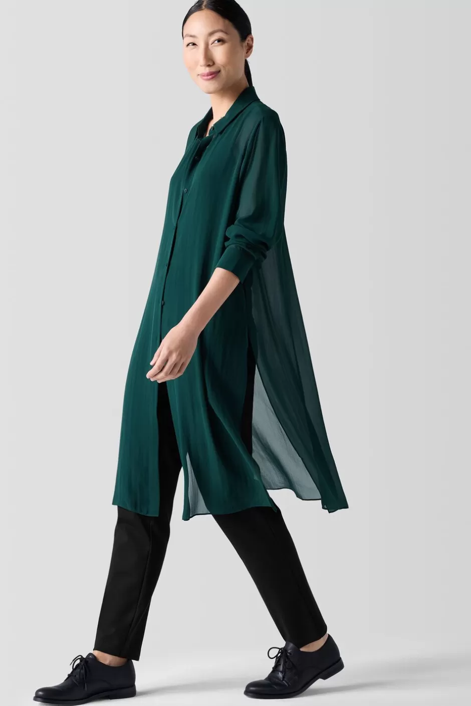 Sheer Silk Georgette Classic Collar Long Shirt-EILEEN FISHER Sale