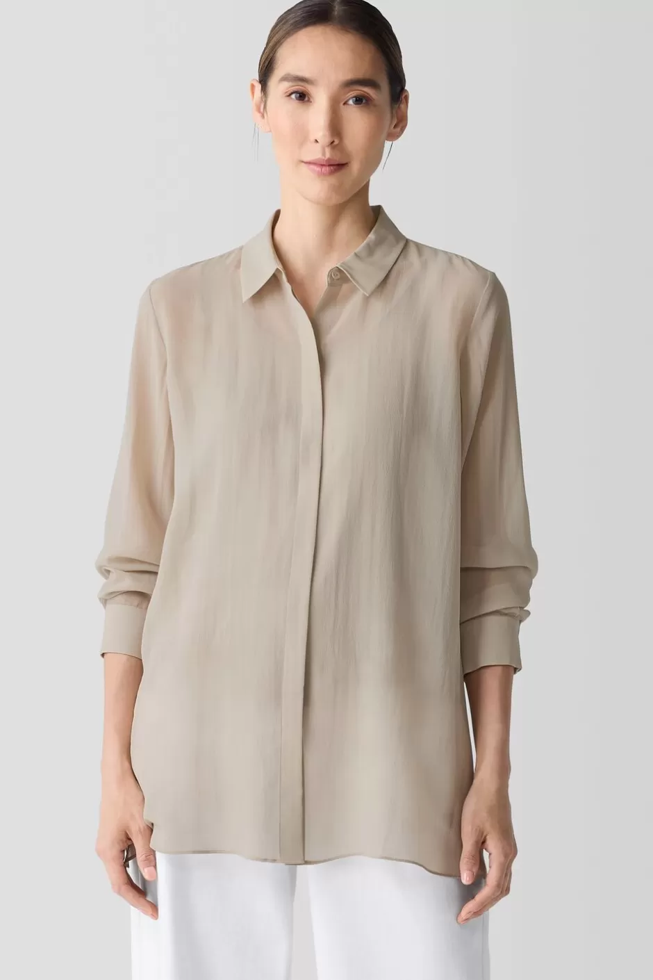 Sheer Silk GeorgetteClassic Collar Shirt-EILEEN FISHER Fashion