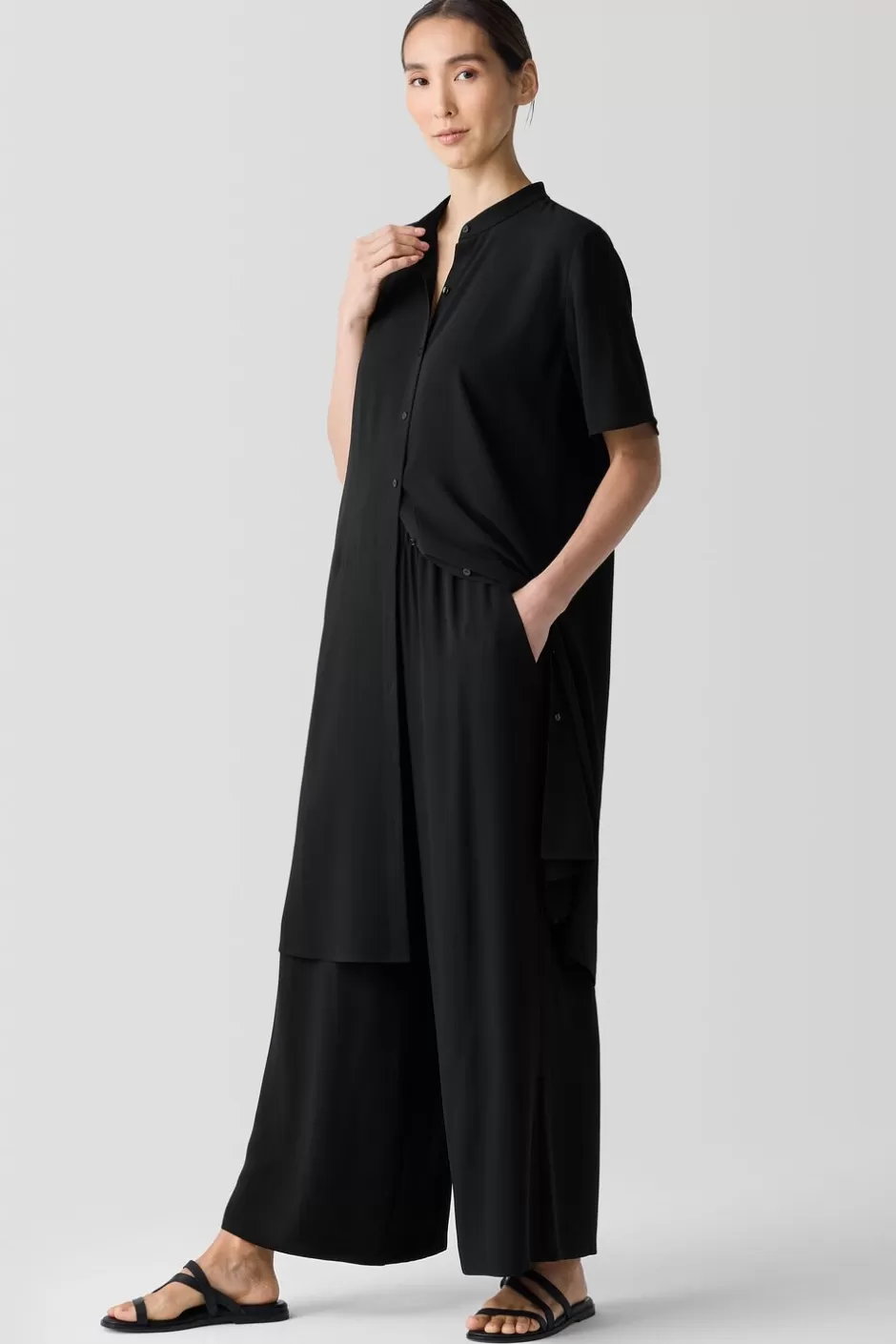 Silk Georgette Crepe Band Collar Dress-EILEEN FISHER Flash Sale