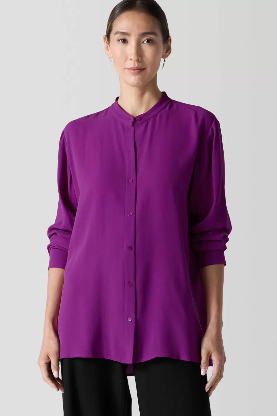 Silk Georgette Crepe Band Collar Shirt-EILEEN FISHER Sale