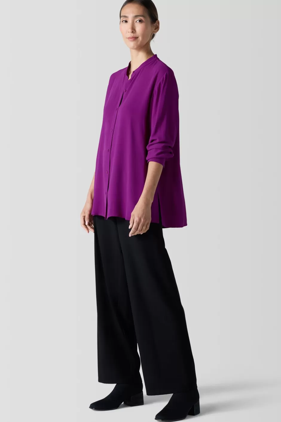 Silk Georgette Crepe Band Collar Shirt-EILEEN FISHER Sale