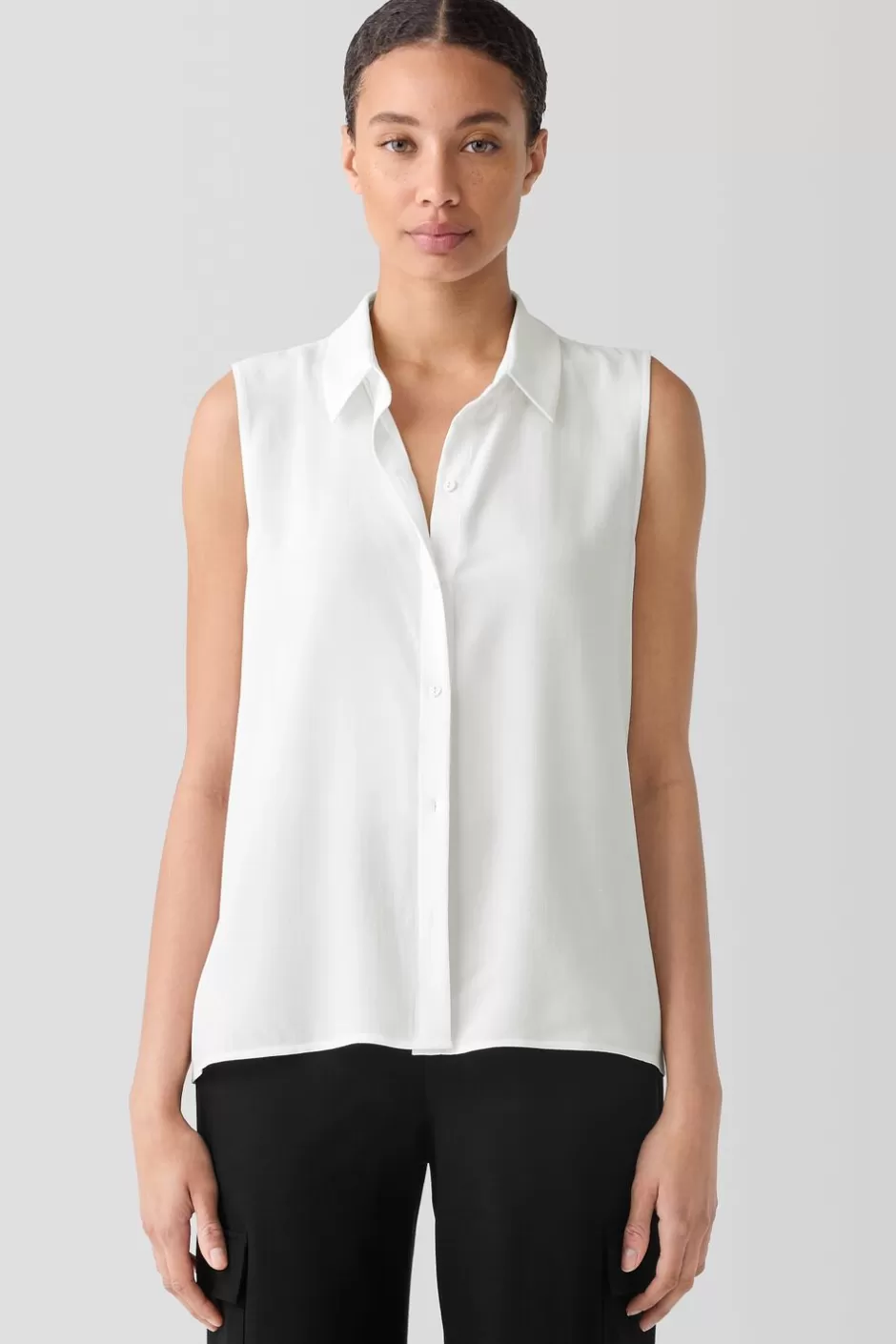 Silk Georgette Crepe Classic Collar Sleeveless Shirt-EILEEN FISHER Fashion