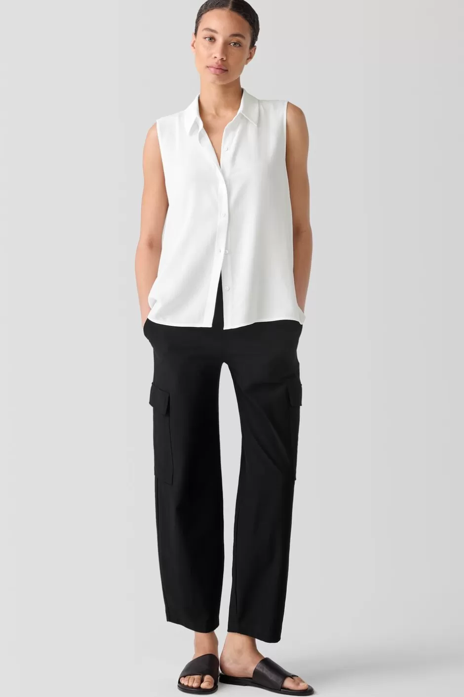 Silk Georgette Crepe Classic Collar Sleeveless Shirt-EILEEN FISHER Fashion