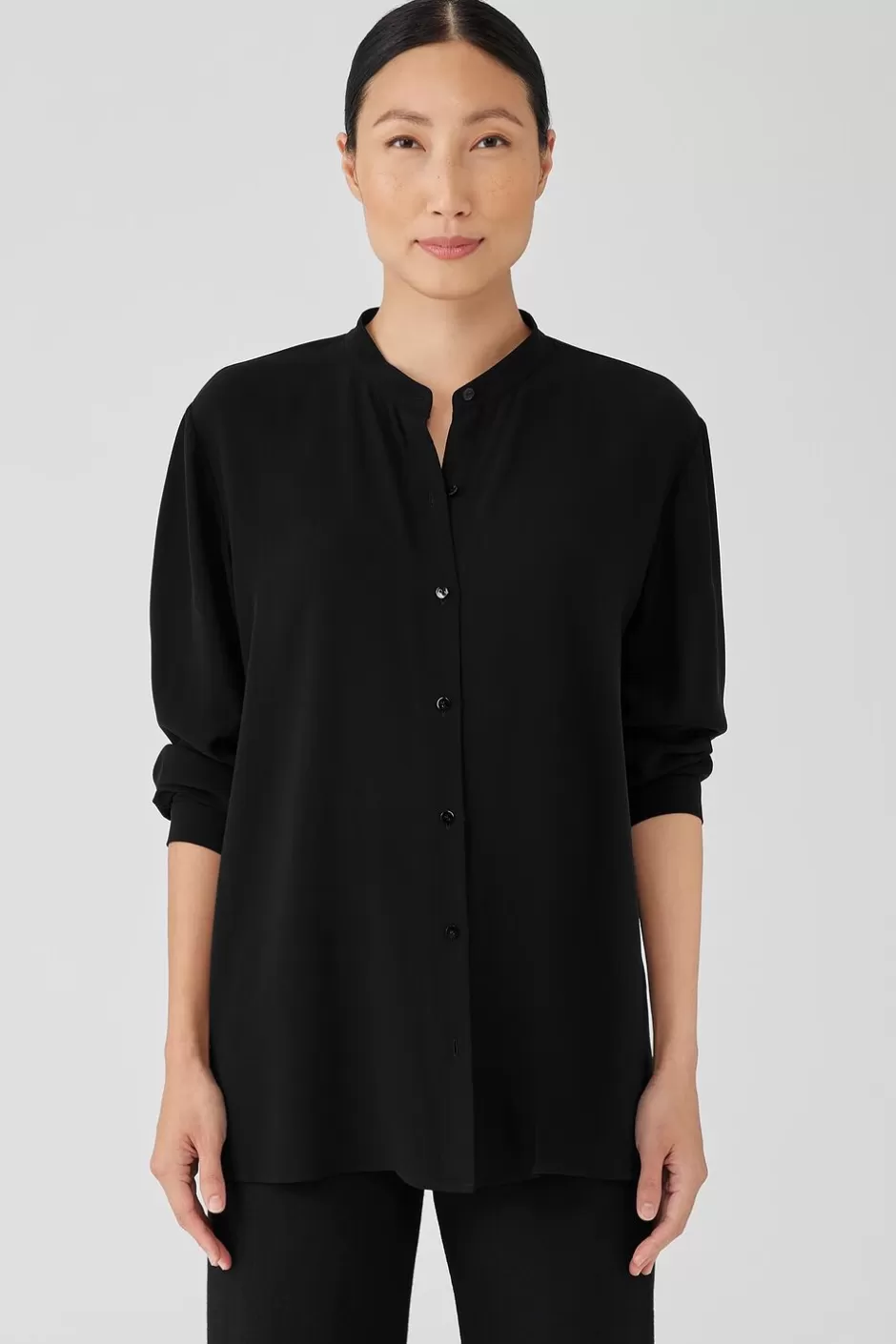 Silk Georgette Crepe Mandarin Collar Shirt-EILEEN FISHER Best Sale