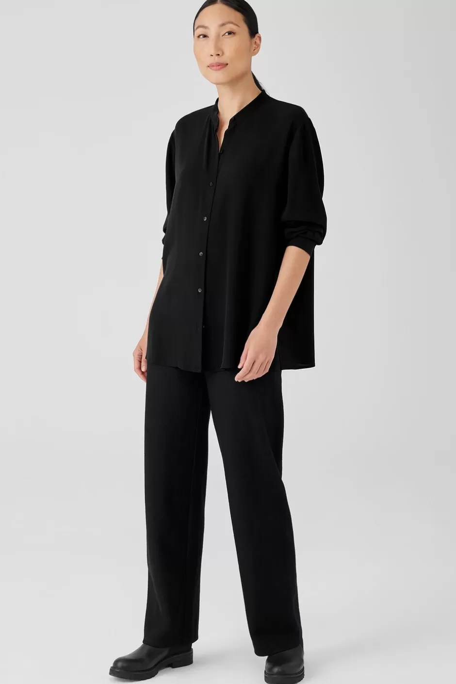 Silk Georgette Crepe Mandarin Collar Shirt-EILEEN FISHER Best Sale