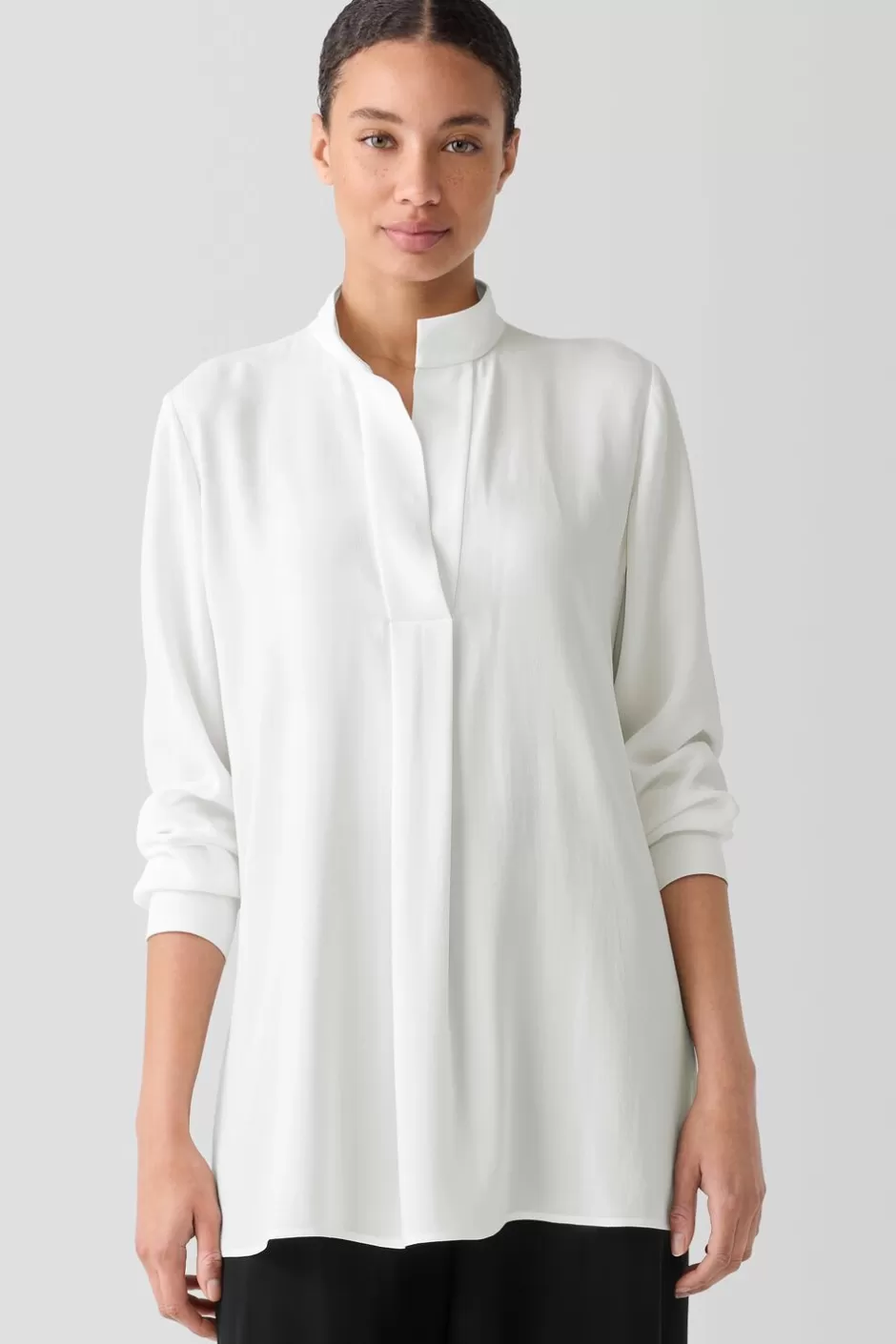 Silk Georgette Crepe Stand Collar Top-EILEEN FISHER Clearance