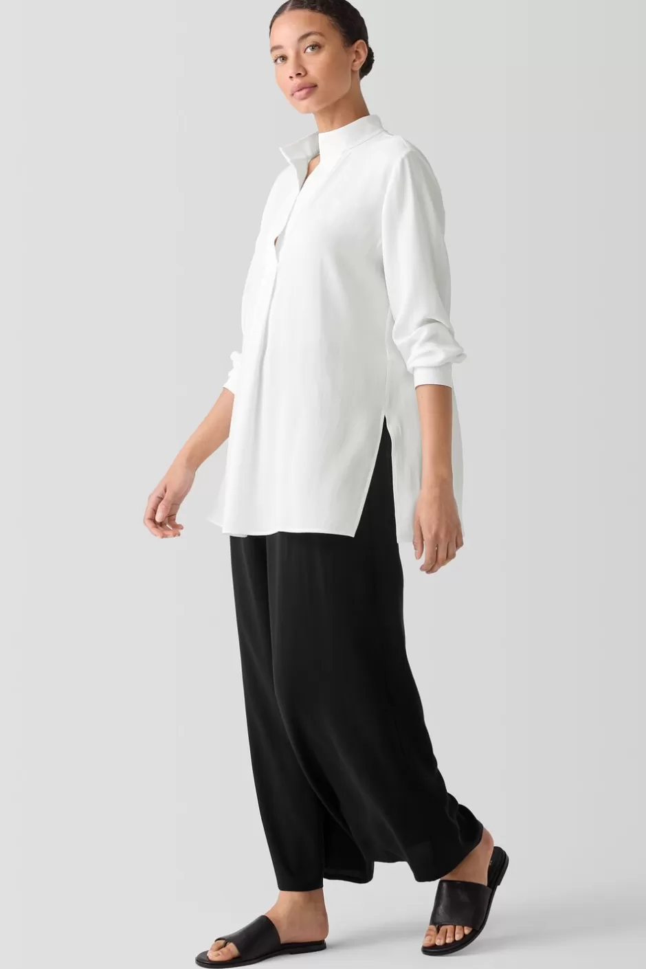 Silk Georgette Crepe Stand Collar Top-EILEEN FISHER Clearance