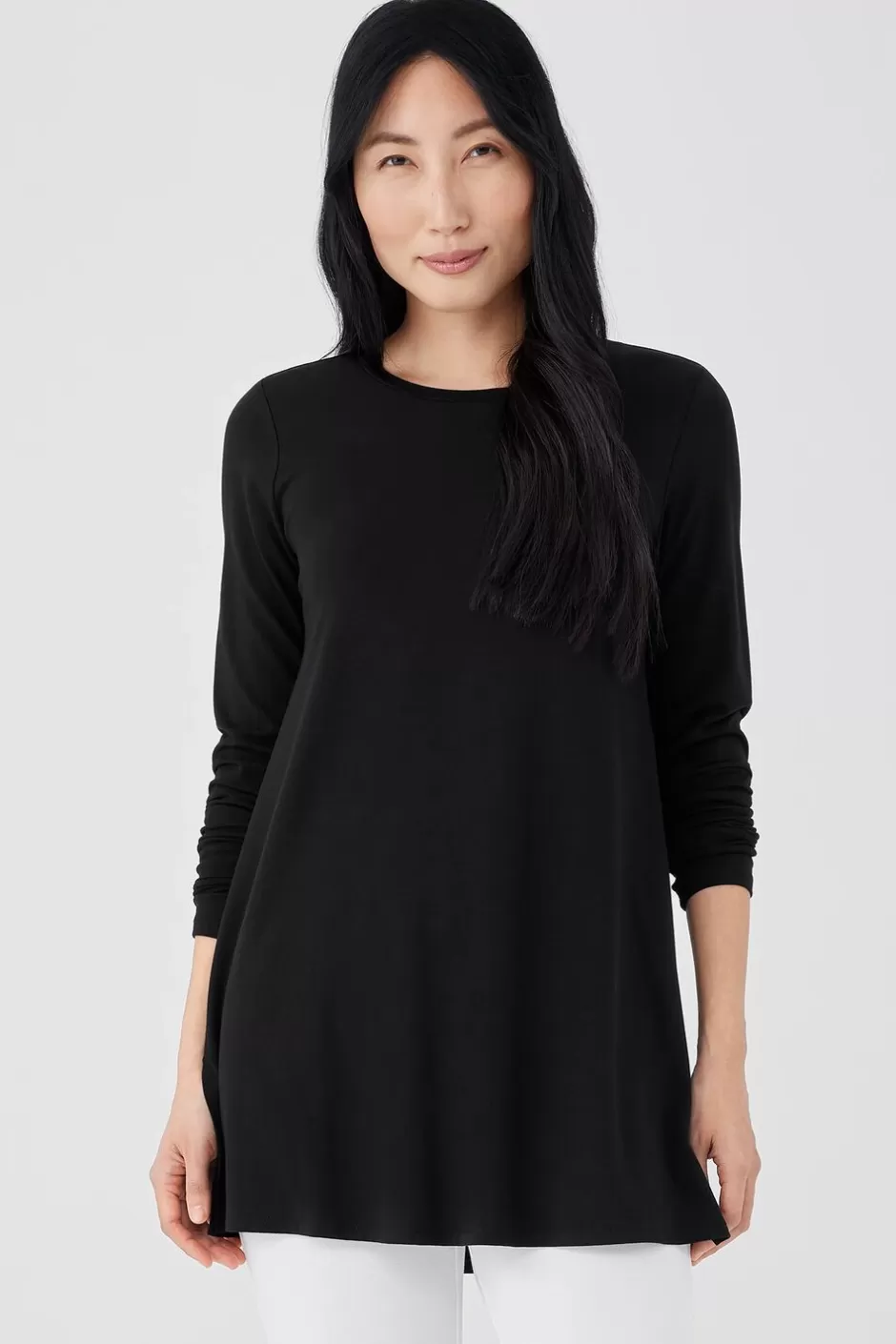 Stretch Jersey Knit Crew Neck Long Top-EILEEN FISHER Online