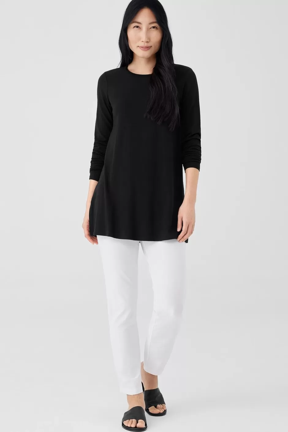 Stretch Jersey Knit Crew Neck Long Top-EILEEN FISHER Online