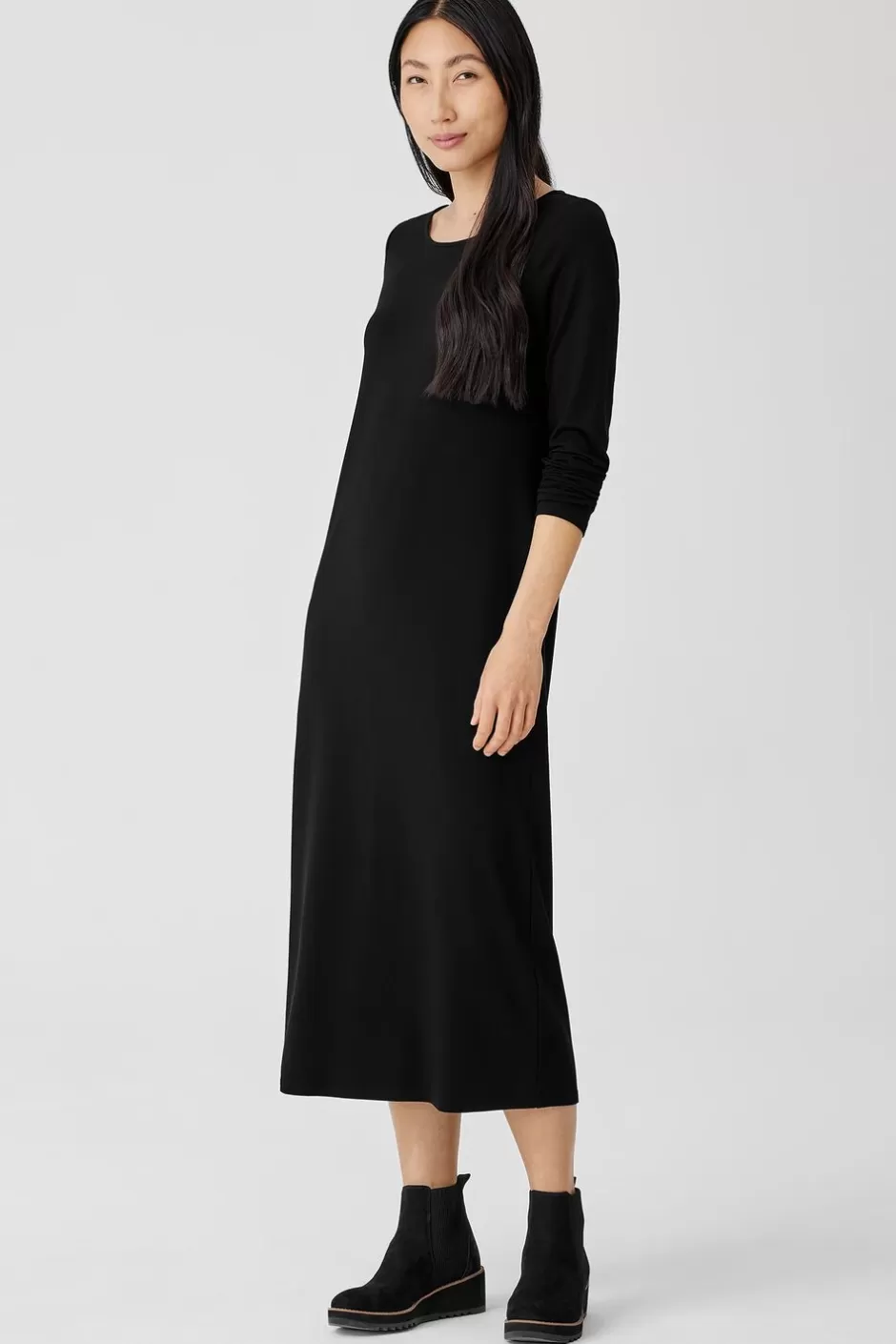 Stretch Jersey Knit Jewel Neck Dress-EILEEN FISHER New