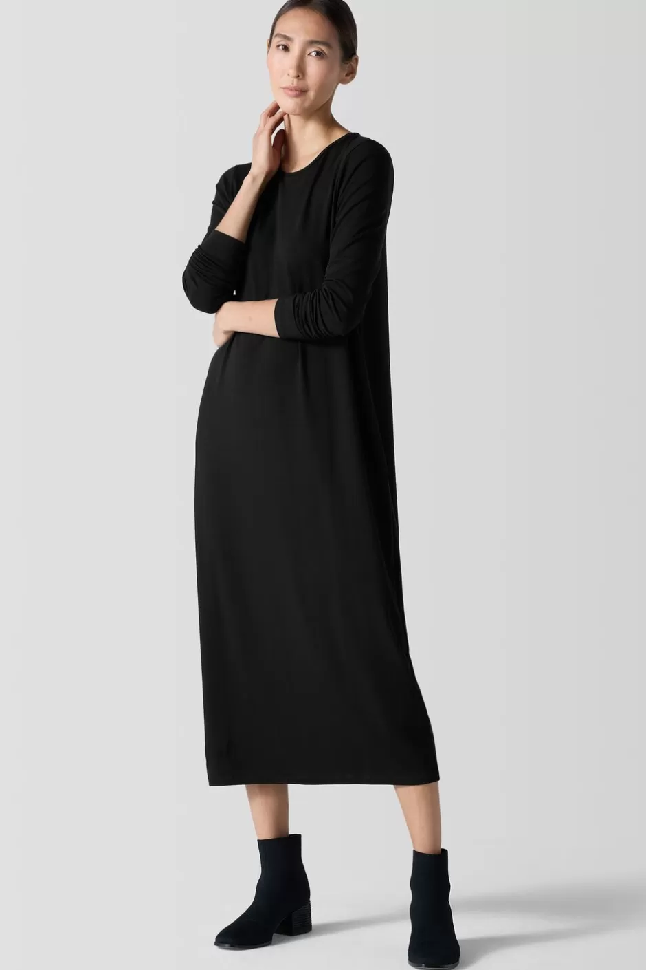 Stretch Jersey Knit Round Neck Dress-EILEEN FISHER Cheap