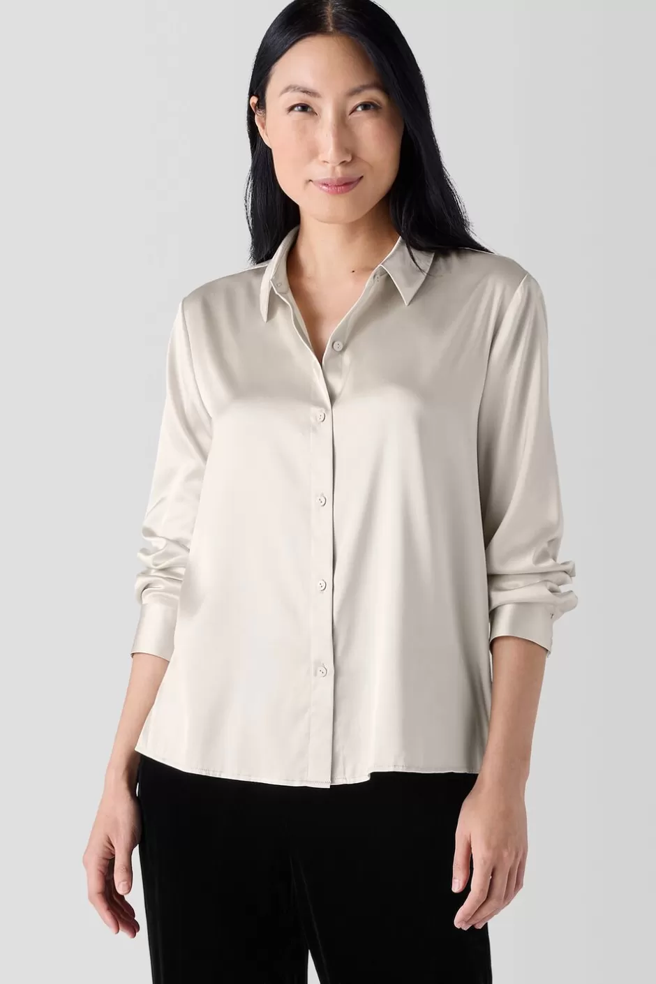 Stretch Silk CharmeuseClassic Collar Shirt-EILEEN FISHER Shop