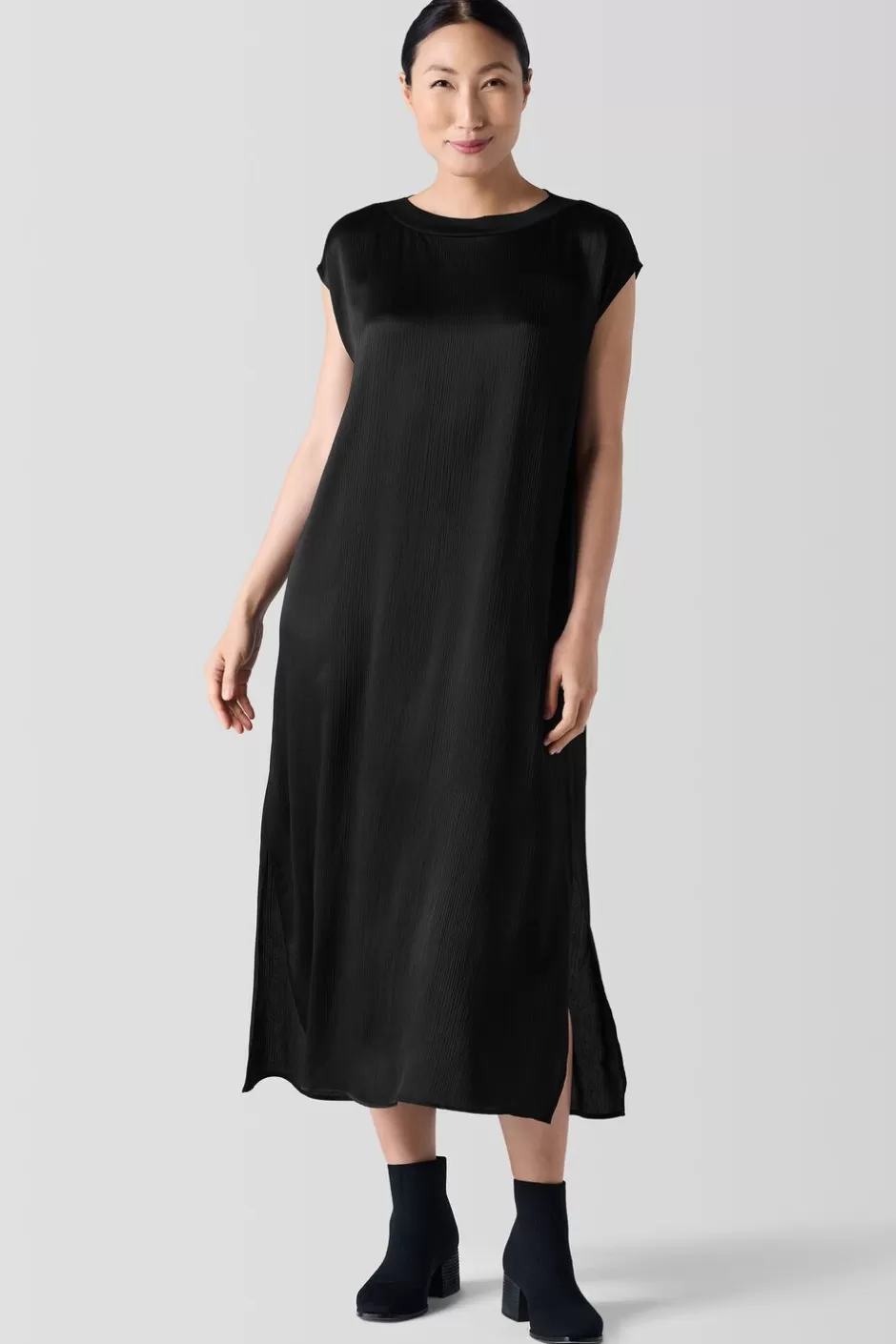 Striated Silk Satin Bateau Neck Dress-EILEEN FISHER Cheap