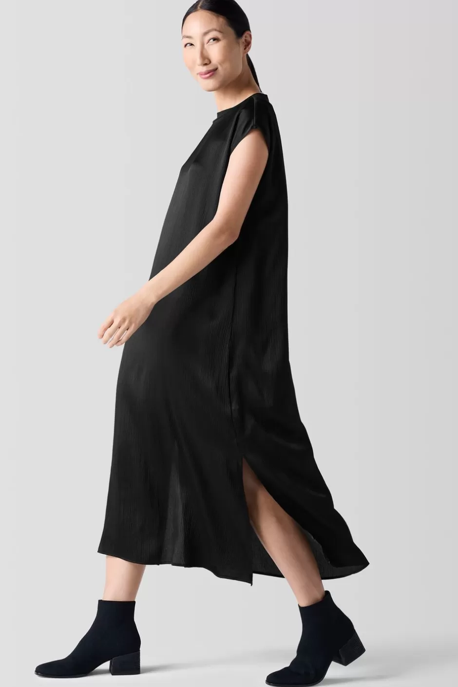 Striated Silk Satin Bateau Neck Dress-EILEEN FISHER Cheap