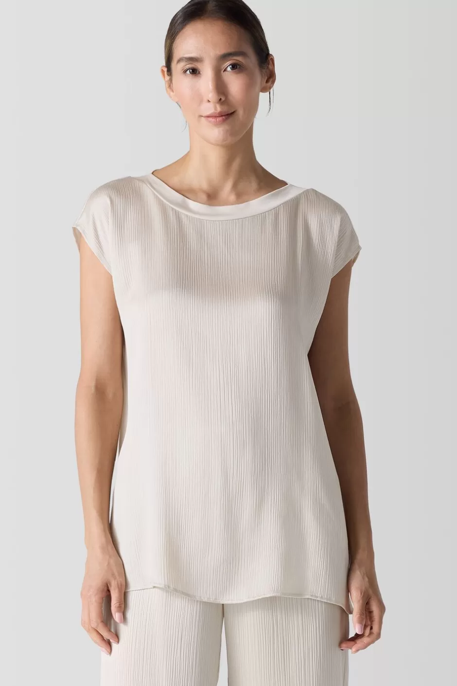 Striated Silk Satin Bateau Neck Top-EILEEN FISHER Hot