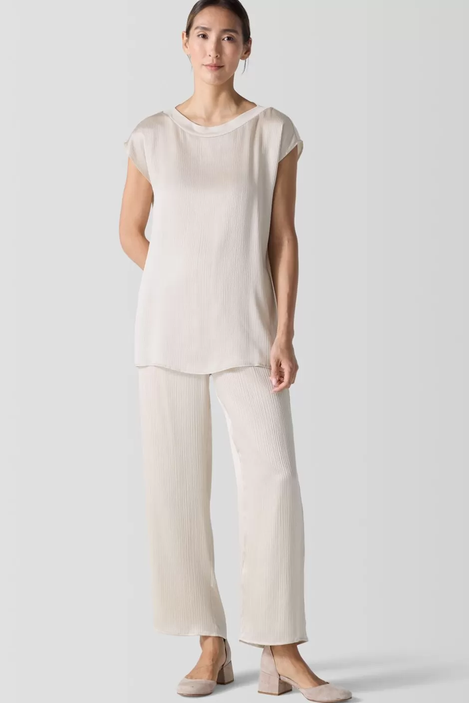 Striated Silk Satin Bateau Neck Top-EILEEN FISHER Hot