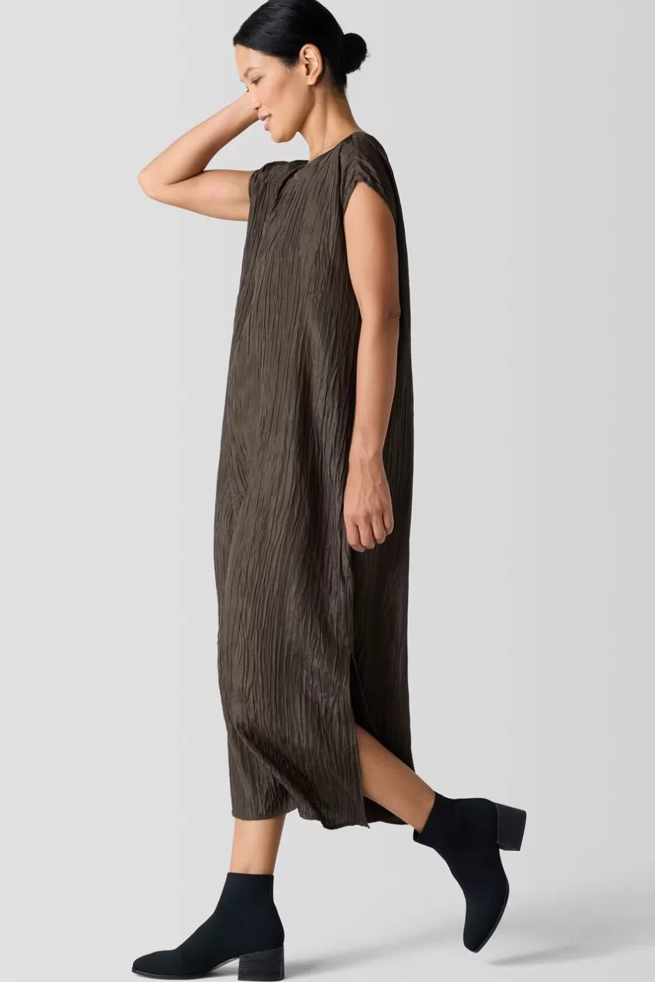 Textured Silk Jacquard Bateau Neck Dress-EILEEN FISHER Hot