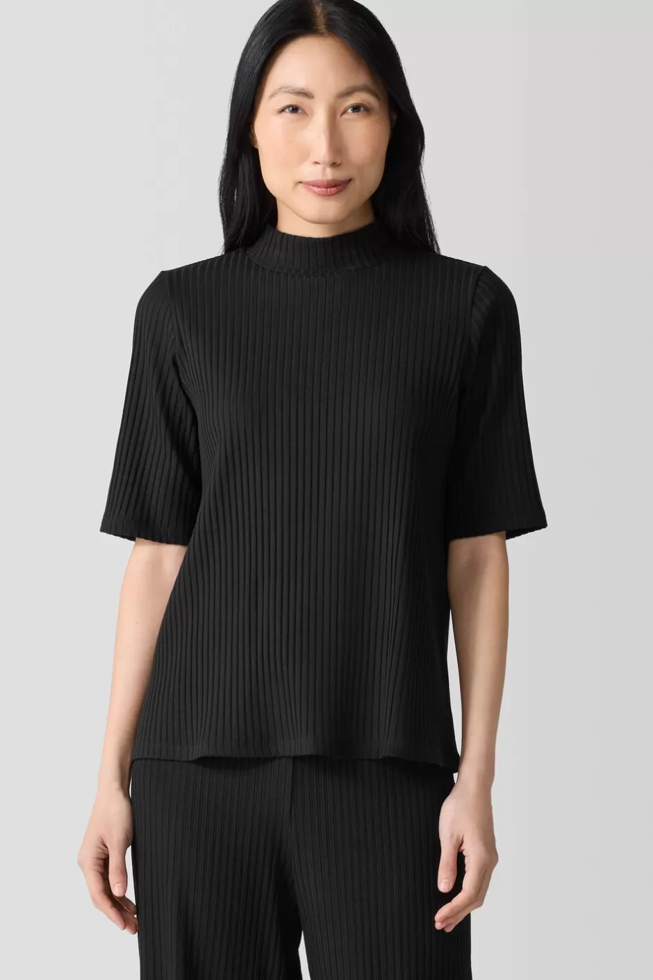 Textured Stretch Rib Mock Neck Top-EILEEN FISHER Cheap