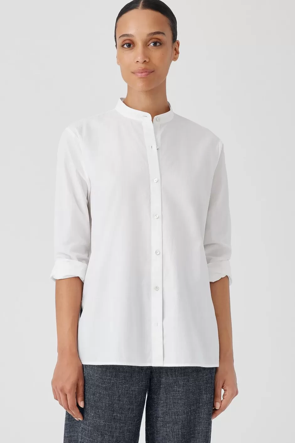 Washed Organic Cotton Poplin Band Collar Shirt-EILEEN FISHER Online