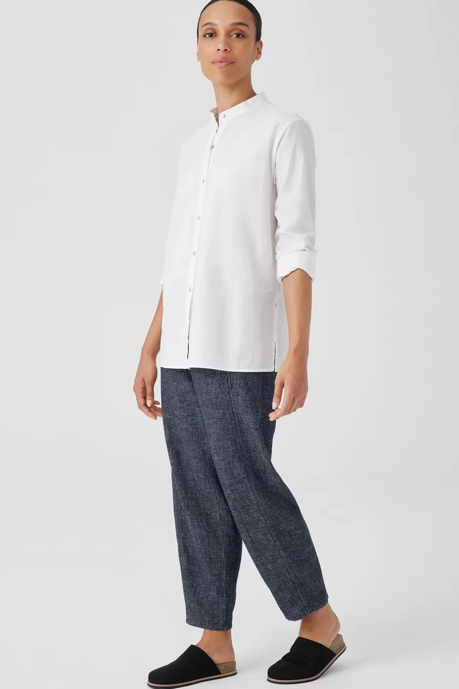 Washed Organic Cotton Poplin Band Collar Shirt-EILEEN FISHER Online