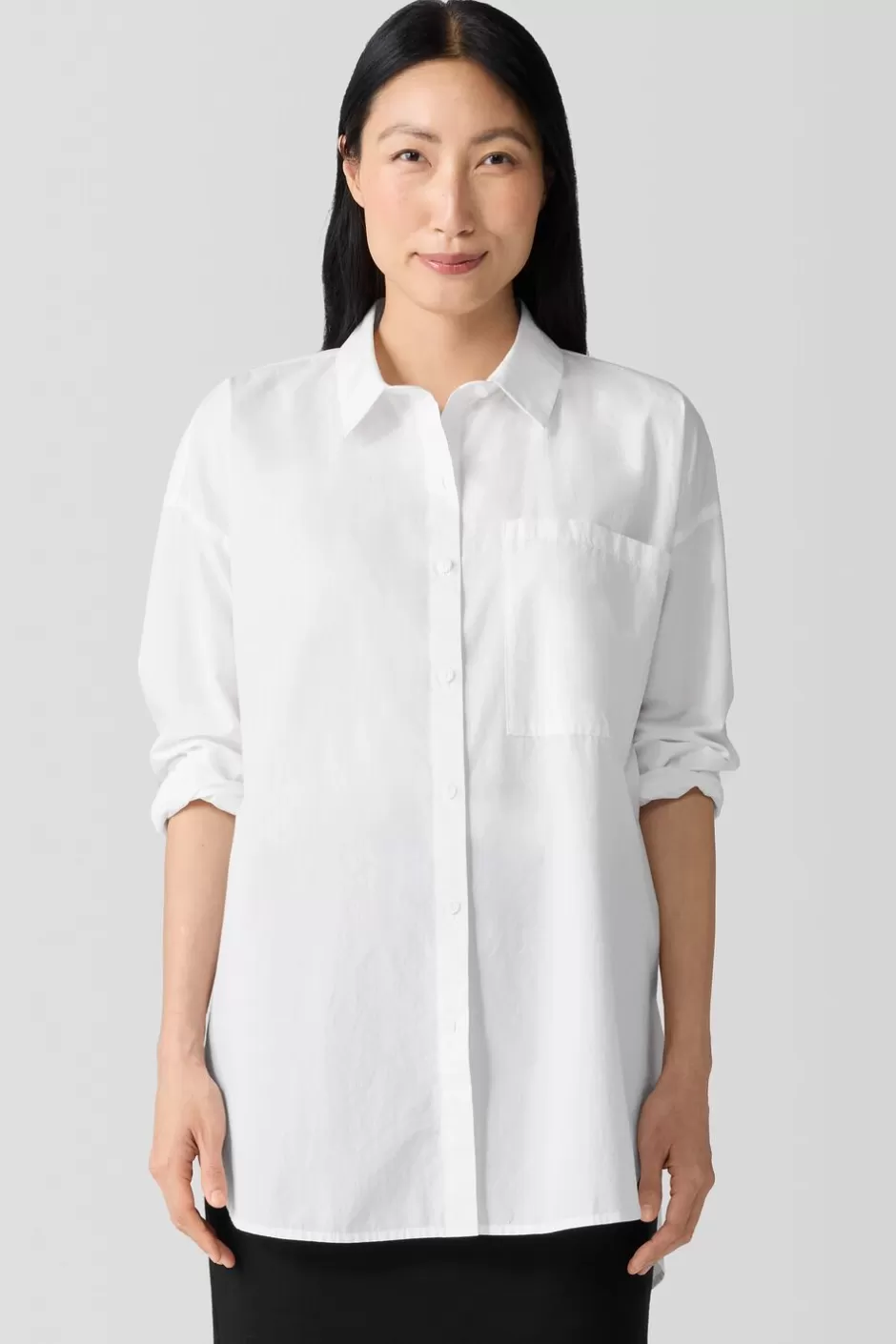 Washed Organic Cotton Poplin Classic Collar Long Shirt-EILEEN FISHER Shop