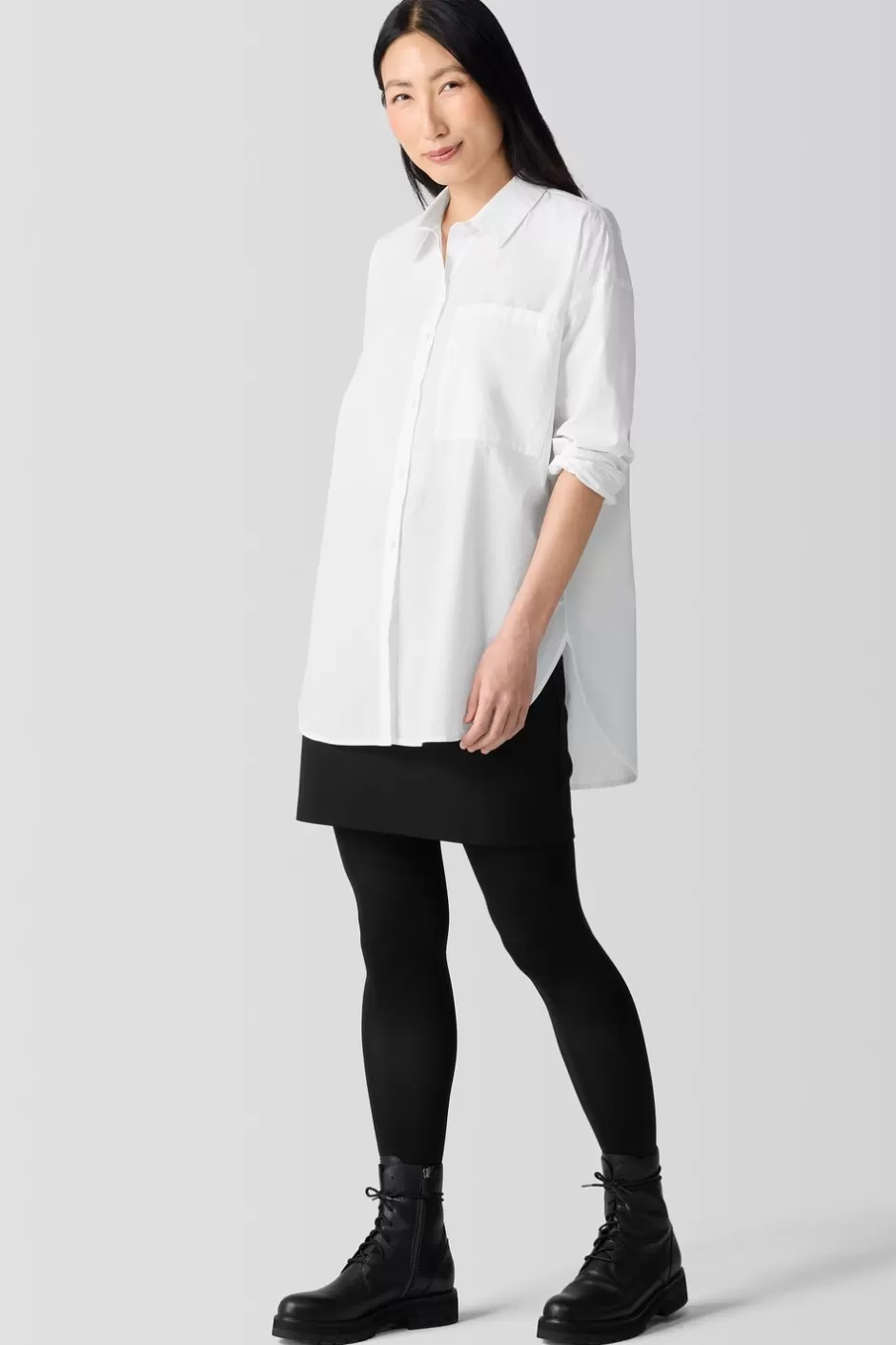 Washed Organic Cotton Poplin Classic Collar Long Shirt-EILEEN FISHER Shop