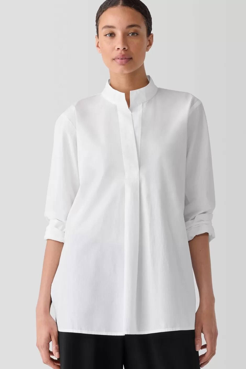 Washed Organic Cotton Poplin Stand Collar Top-EILEEN FISHER Online