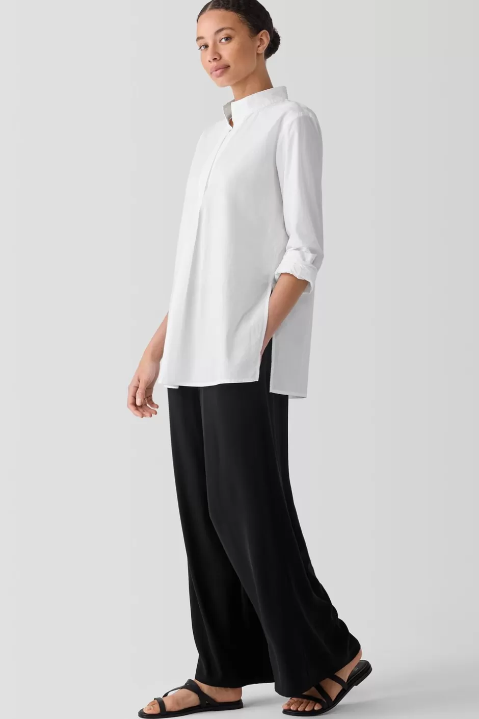 Washed Organic Cotton Poplin Stand Collar Top-EILEEN FISHER Online